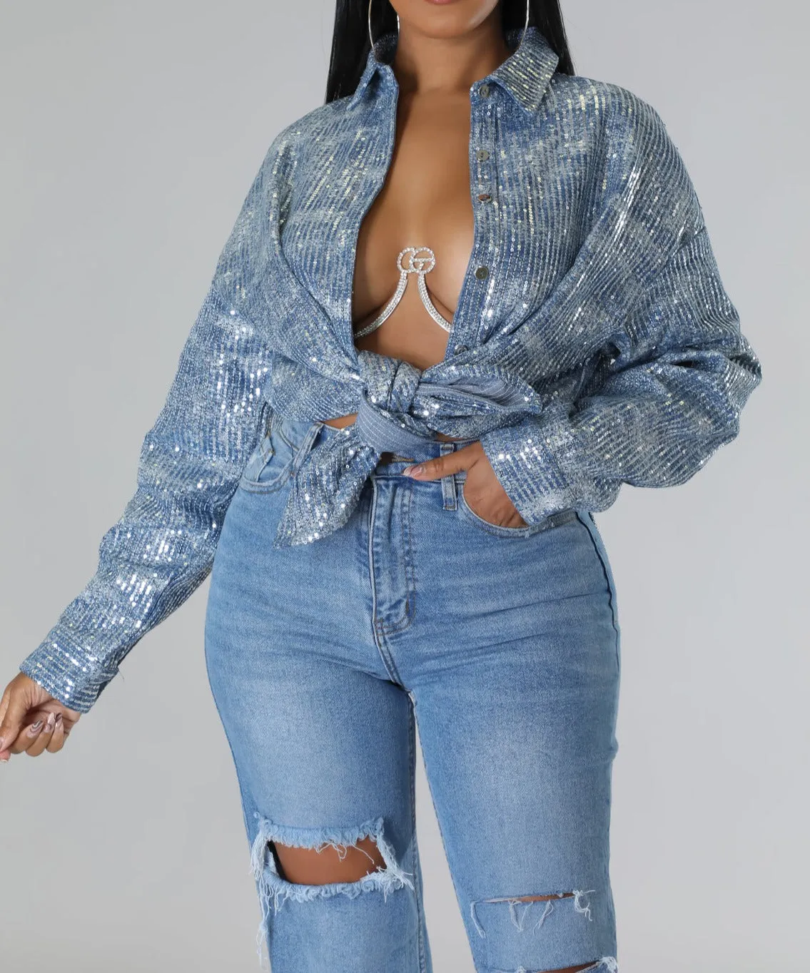 Denim Blue Sequin Top