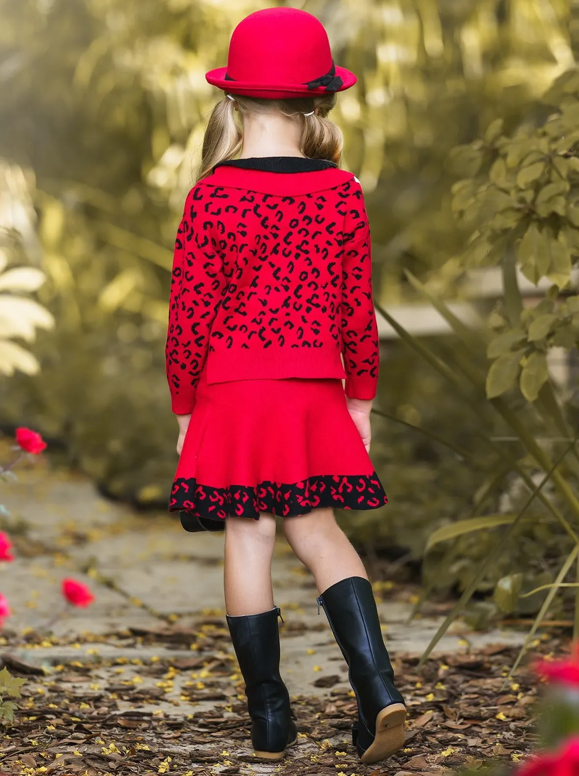 Red Leopard Collared Buttoned Cardigan and Skirt Set